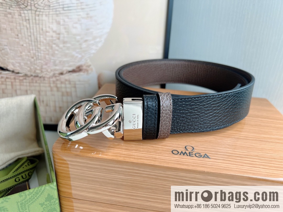 Gucci Gucci 3.5cm full leather black coffee double G gold/silver buckle belt