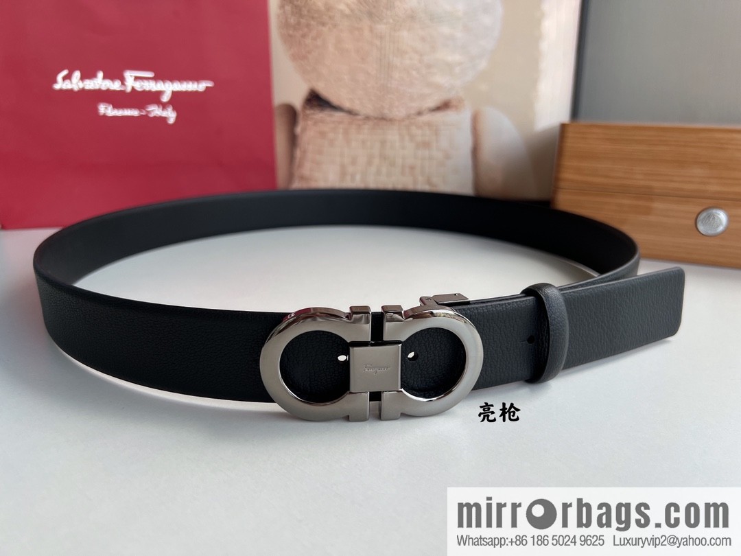 Salvatore Ferragamo Men's 3.5cm Delicate Counter Version Double Circle Horseshoe Metal Buckle, First Layer Cowhide Double Sided Belt