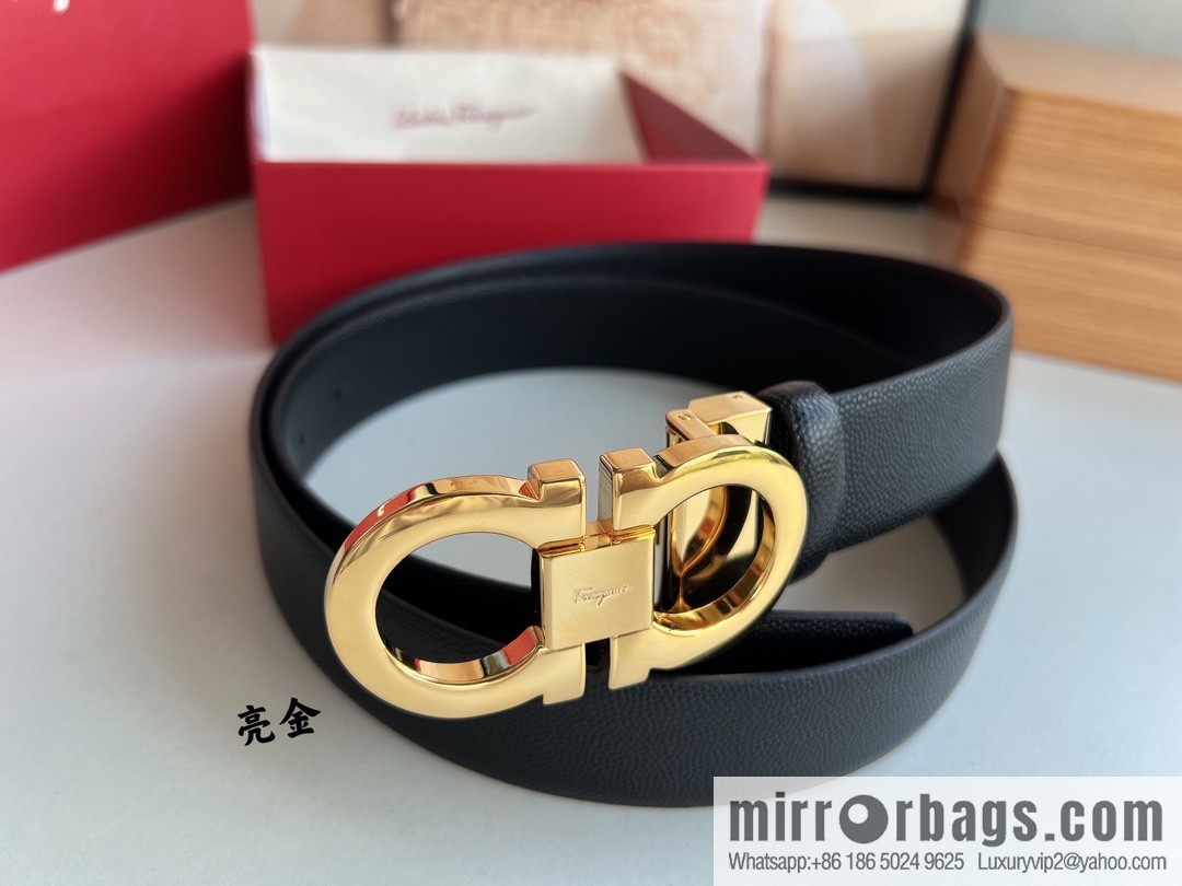 Salvatore Ferragamo Men's 3.5cm Delicate Counter Version Double Circle Horseshoe Metal Buckle, First Layer Cowhide Double Sided Belt