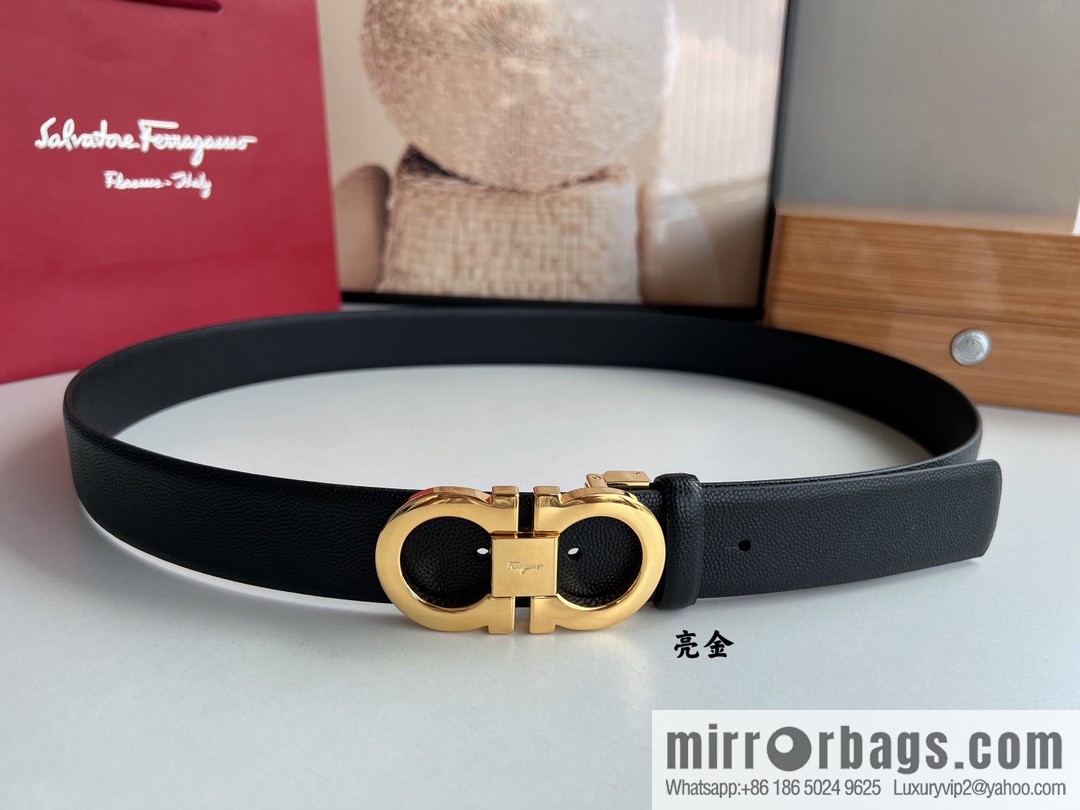Salvatore Ferragamo Men's 3.5cm Delicate Counter Version Double Circle Horseshoe Metal Buckle, First Layer Cowhide Double Sided Belt