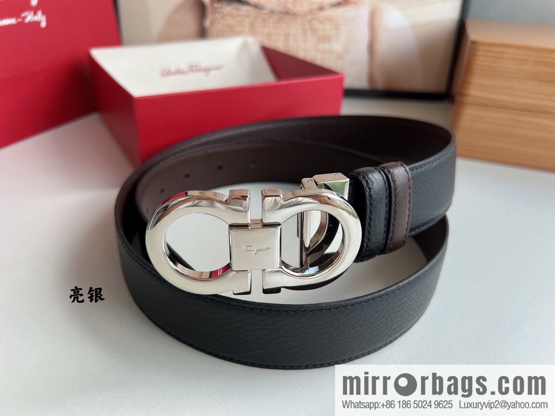 Salvatore Ferragamo Men's 3.5cm Delicate Counter Version Double Circle Horseshoe Metal Buckle, First Layer Cowhide Double Sided Belt