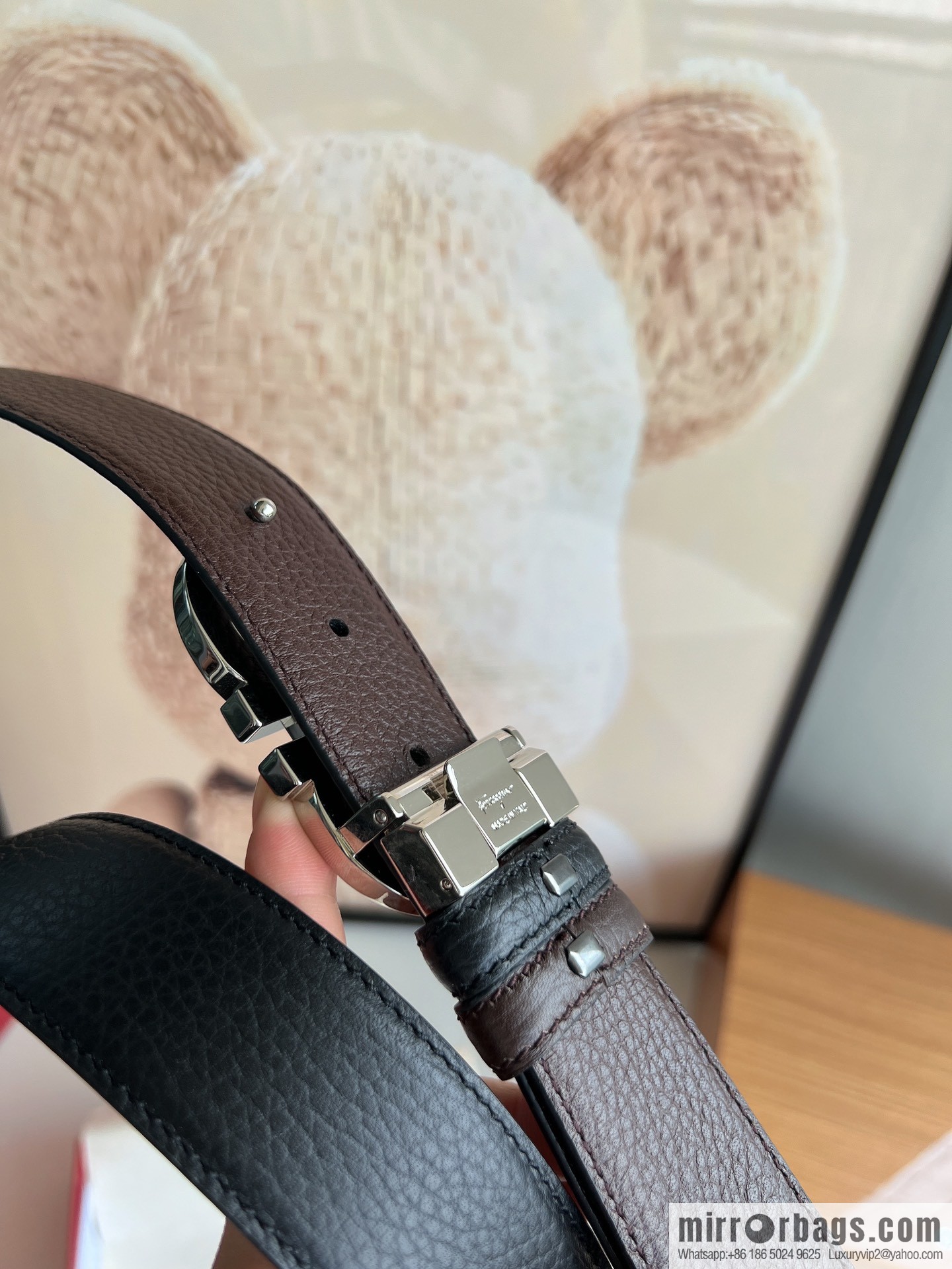 Salvatore Ferragamo Men's 3.5cm Delicate Counter Version Double Circle Horseshoe Metal Buckle, First Layer Cowhide Double Sided Belt