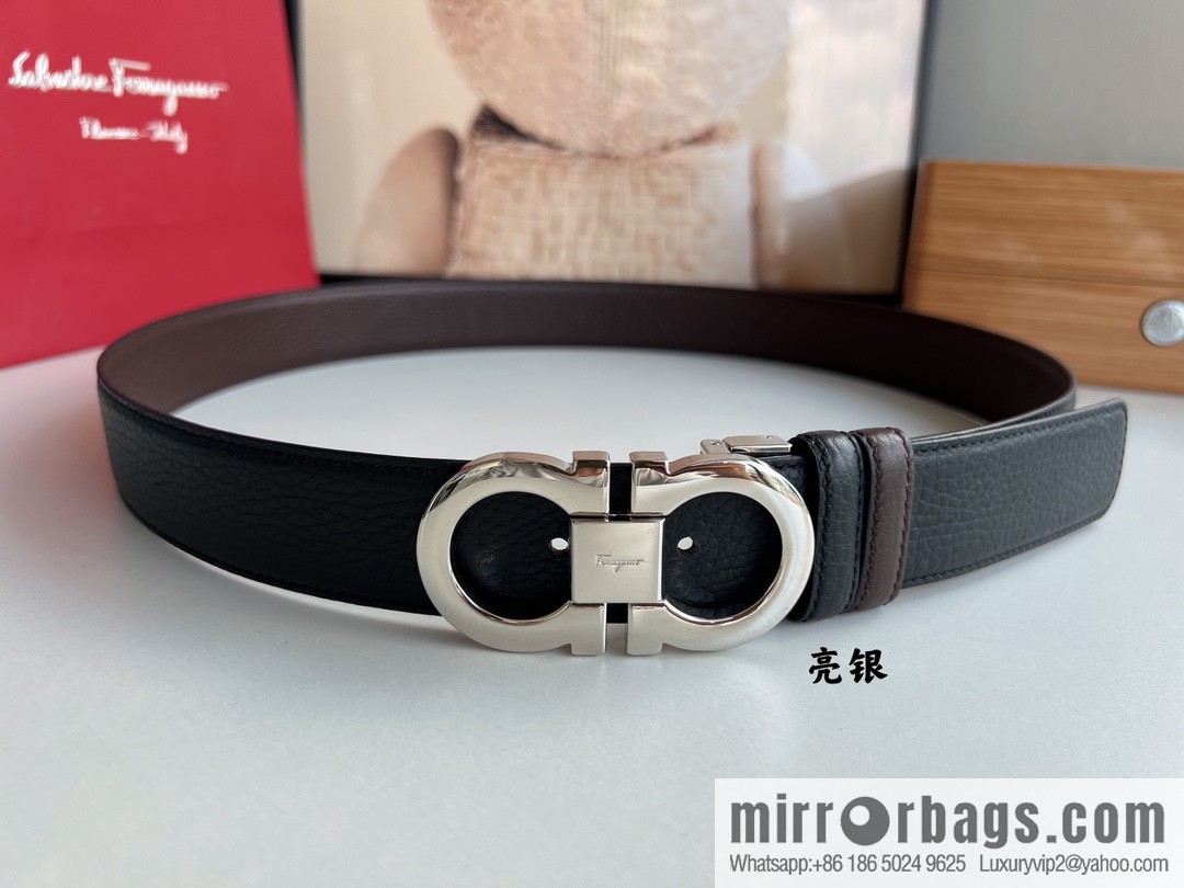 Salvatore Ferragamo Men's 3.5cm Delicate Counter Version Double Circle Horseshoe Metal Buckle, First Layer Cowhide Double Sided Belt