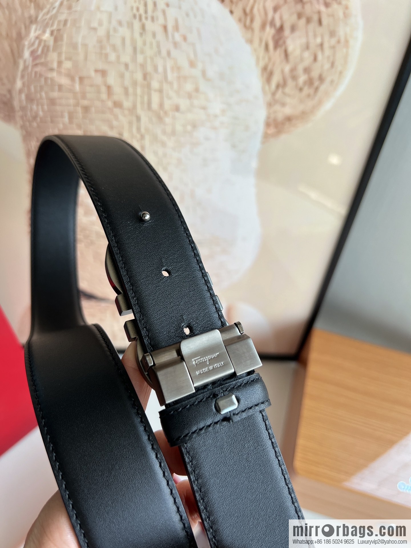 Salvatore Ferragamo Men's 3.5cm Delicate Counter Version Double Circle Horseshoe Metal Buckle First Layer Cowhide Double Sided Belt