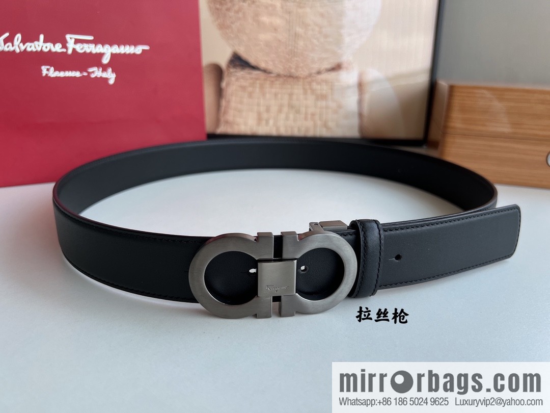 Salvatore Ferragamo Men's 3.5cm Delicate Counter Version Double Circle Horseshoe Metal Buckle First Layer Cowhide Double Sided Belt