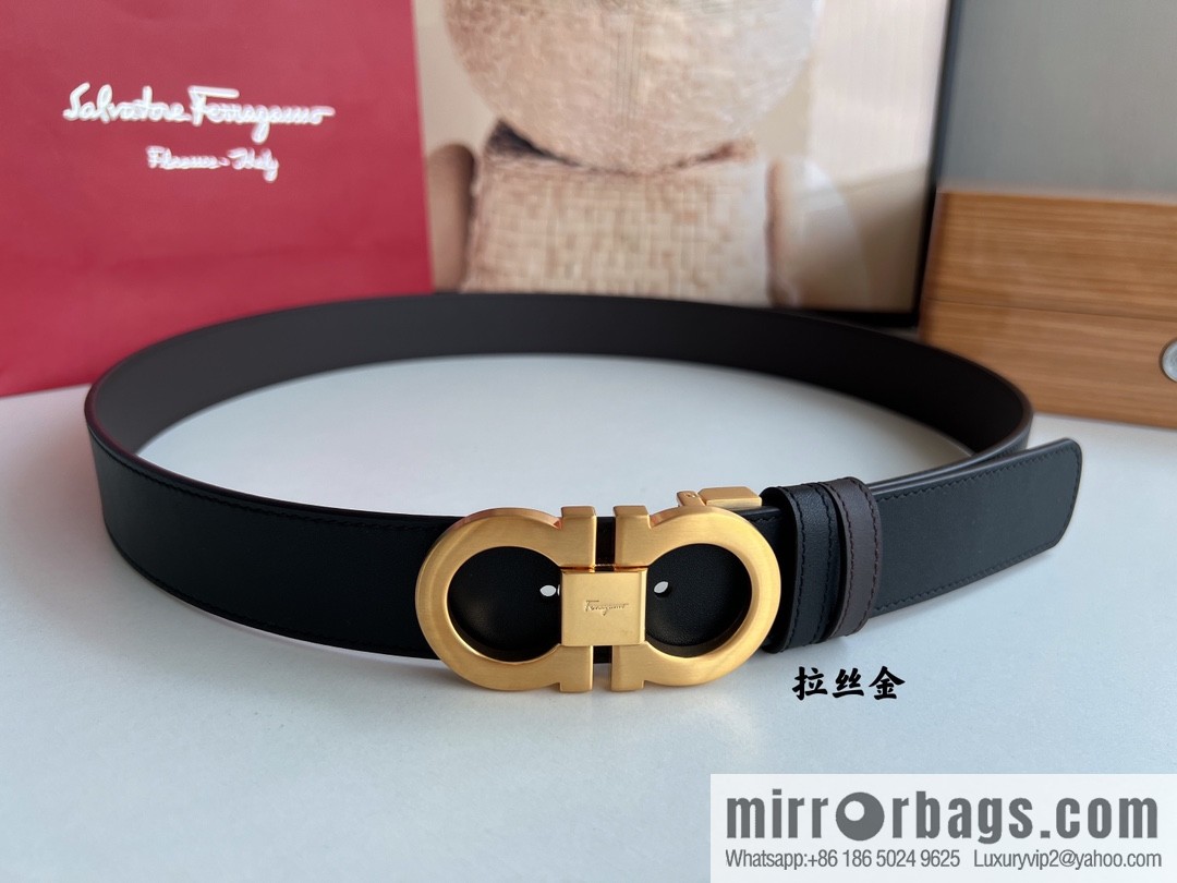 Salvatore Ferragamo Men's 3.5cm Delicate Counter Version Double Circle Horseshoe Metal Buckle First Layer Cowhide Double Sided Belt