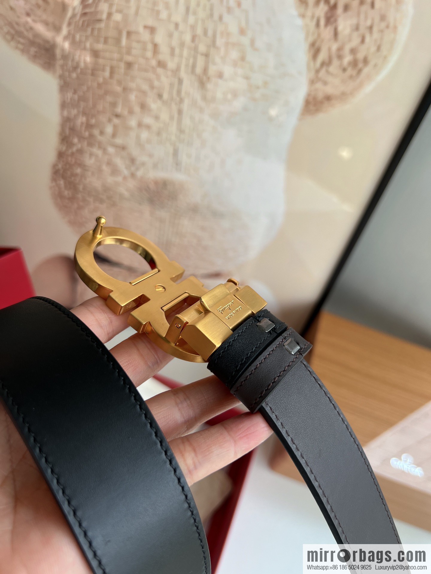 Salvatore Ferragamo Men's 3.5cm Delicate Counter Version Double Circle Horseshoe Metal Buckle First Layer Cowhide Double Sided Belt