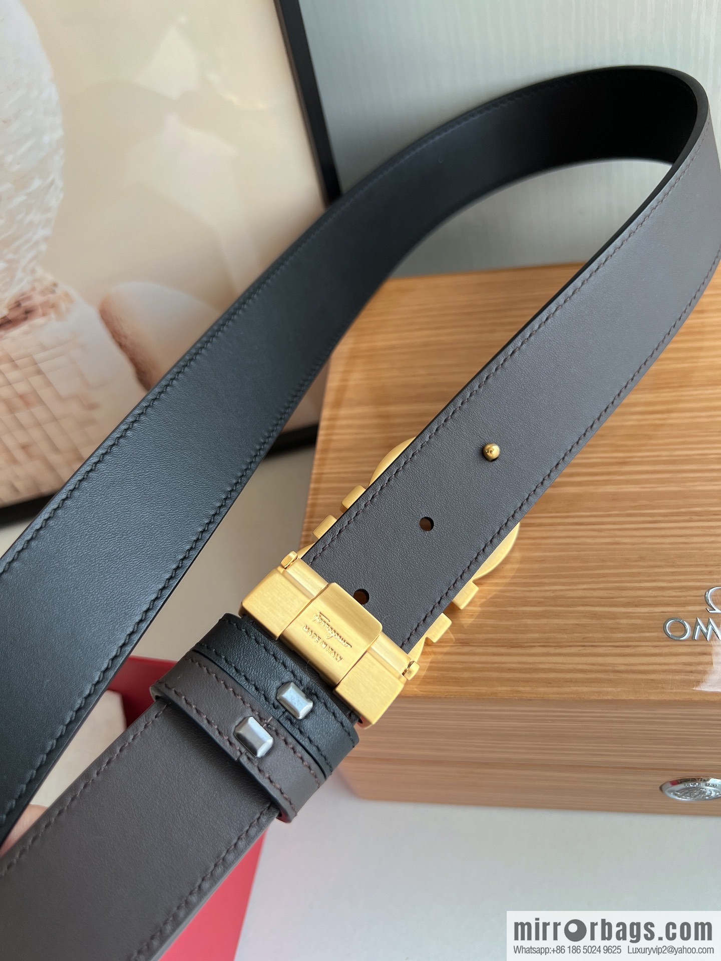 Salvatore Ferragamo Men's 3.5cm Delicate Counter Version Double Circle Horseshoe Metal Buckle First Layer Cowhide Double Sided Belt