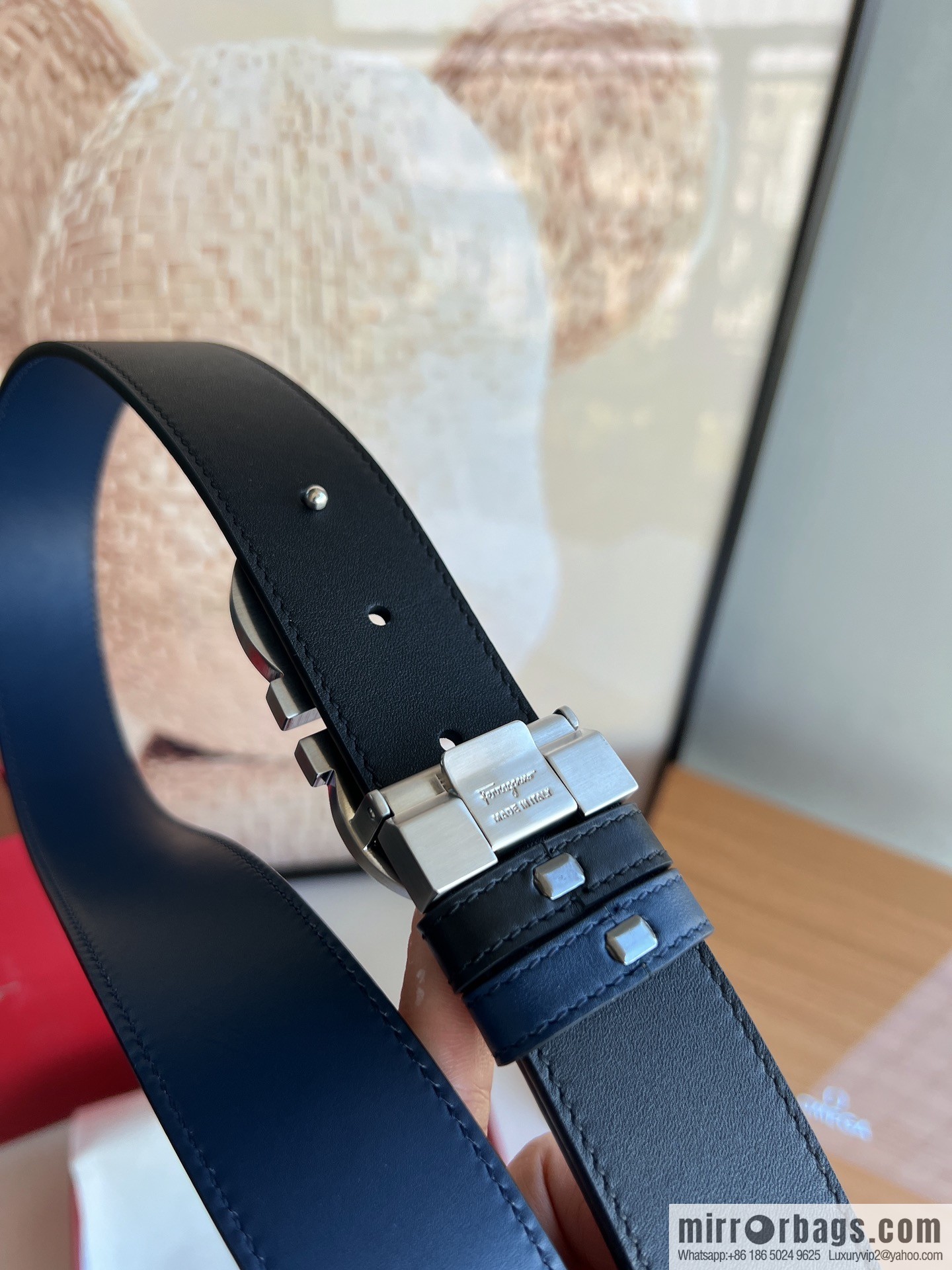 Salvatore Ferragamo Men's 3.5cm Delicate Counter Version Double Circle Horseshoe Metal Buckle First Layer Cowhide Double Sided Belt