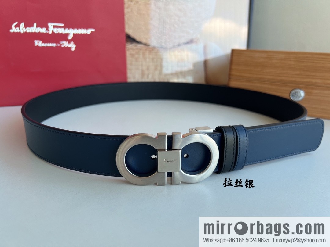 Salvatore Ferragamo Men's 3.5cm Delicate Counter Version Double Circle Horseshoe Metal Buckle First Layer Cowhide Double Sided Belt