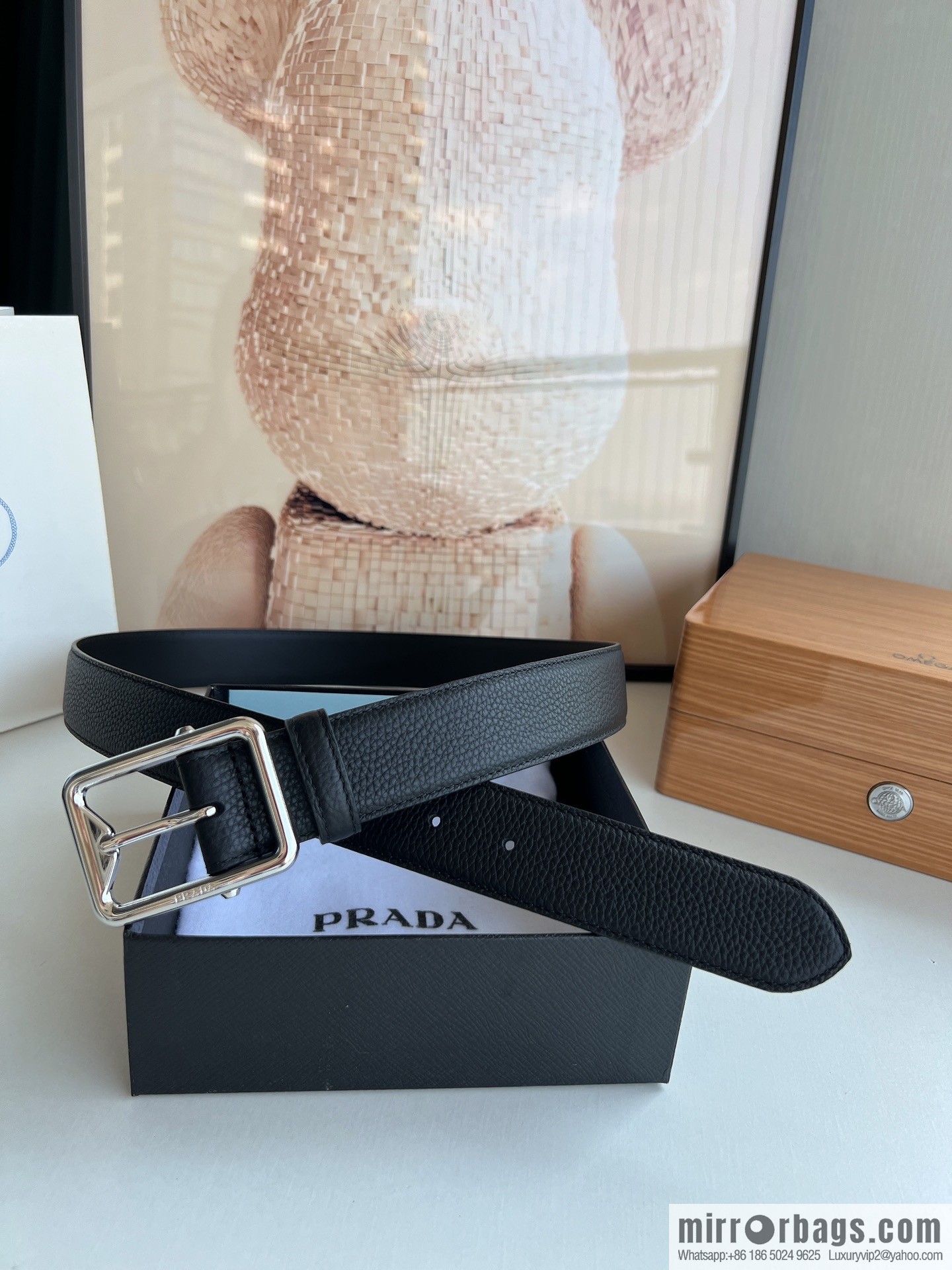 PRADA/PRADA, cowhide double-sided color scheme men's 3.5cm belt