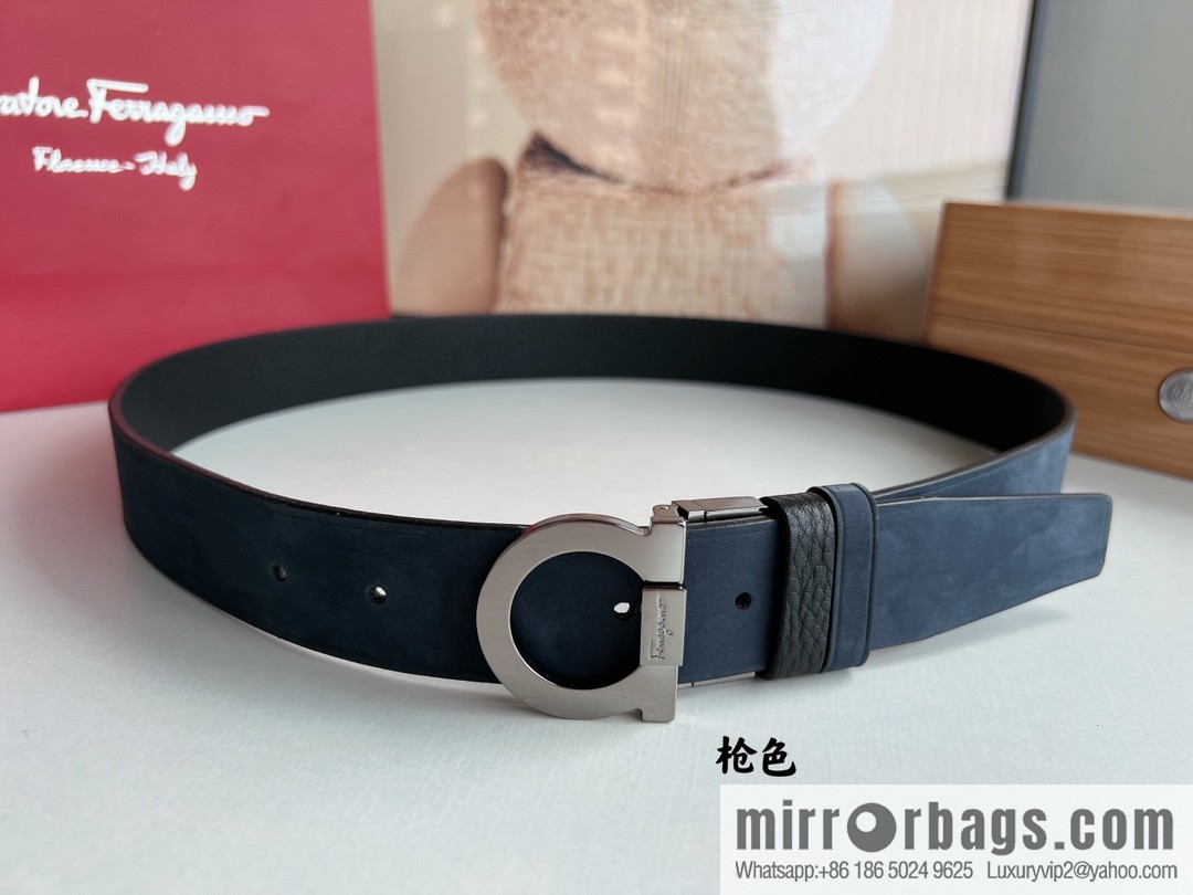 Salvatore Ferragamo Men's 3.5cm Counter Rotating Metal Clip Buckle, Imported First Layer Cowhide Swing Pattern Suede Lined Belt