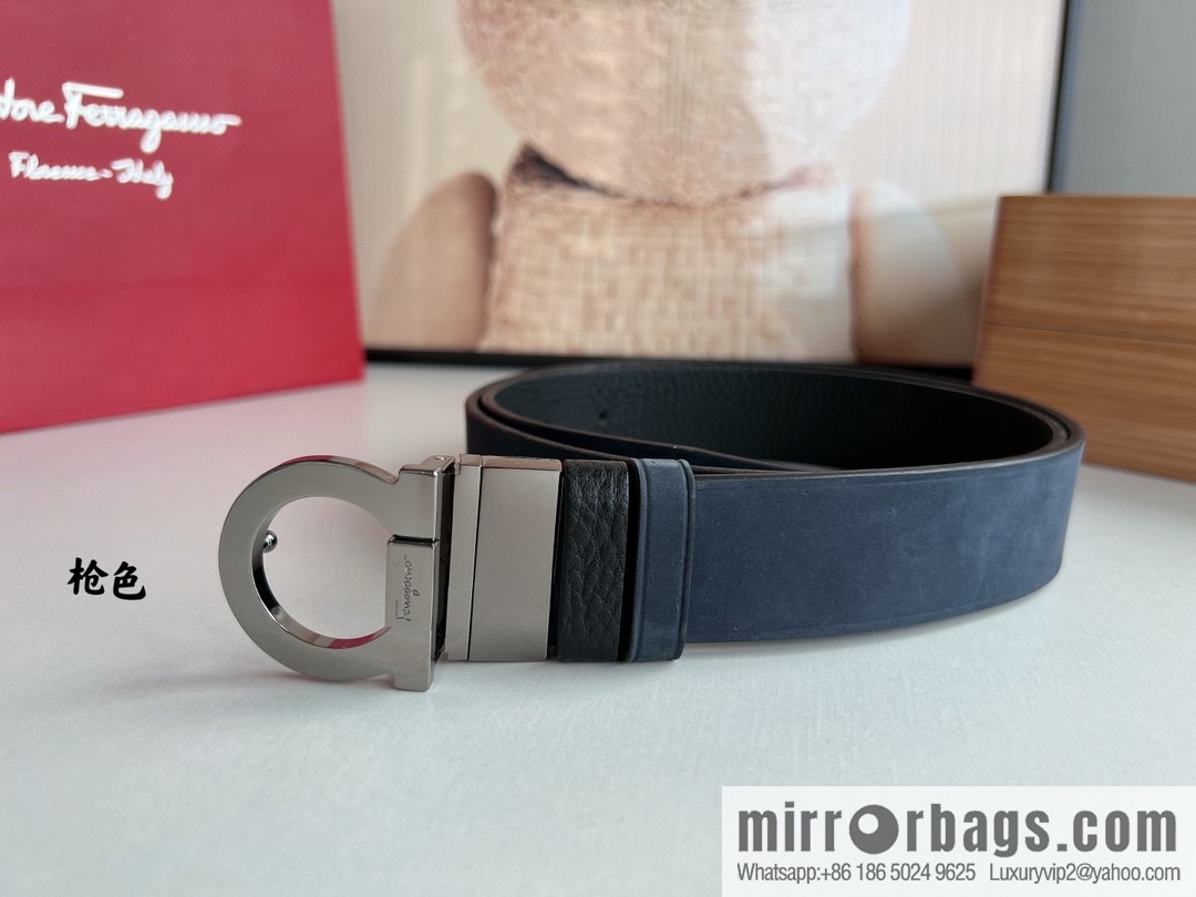 Salvatore Ferragamo Men's 3.5cm Counter Rotating Metal Clip Buckle, Imported First Layer Cowhide Swing Pattern Suede Lined Belt
