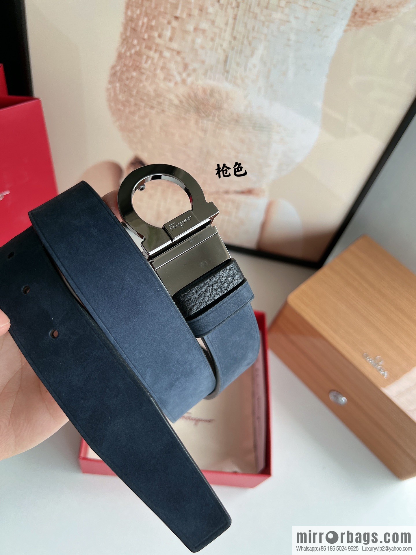 Salvatore Ferragamo Men's 3.5cm Counter Rotating Metal Clip Buckle, Imported First Layer Cowhide Swing Pattern Suede Lined Belt