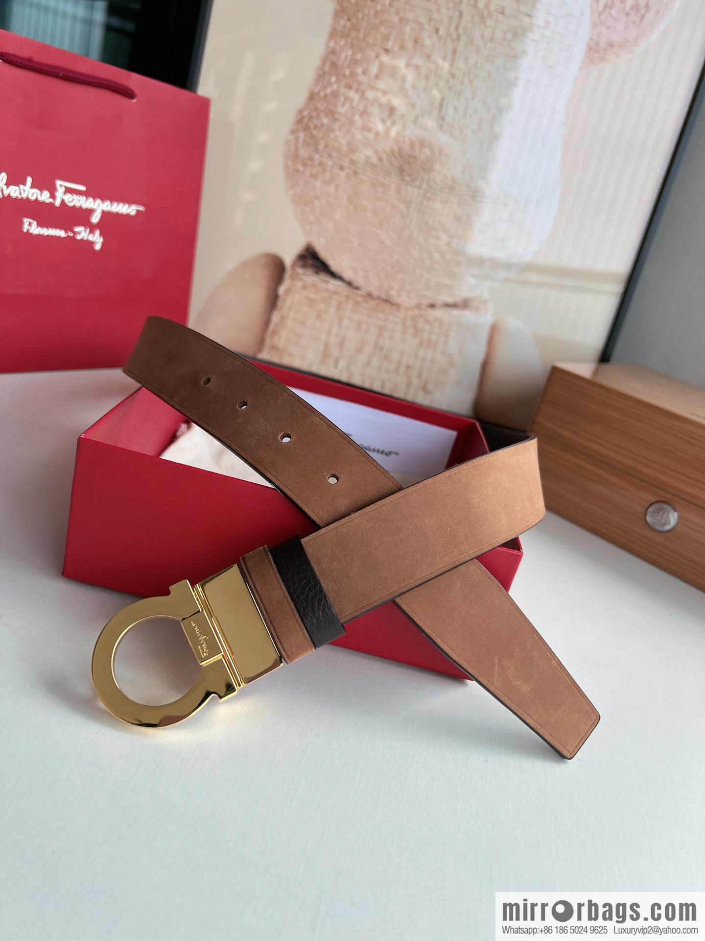 Salvatore Ferragamo Men's 3.5cm Counter Rotating Metal Clip Buckle, Imported First Layer Cowhide Swing Pattern Suede Lined Belt