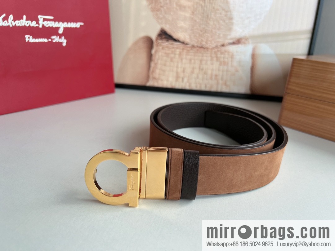 Salvatore Ferragamo Men's 3.5cm Counter Rotating Metal Clip Buckle, Imported First Layer Cowhide Swing Pattern Suede Lined Belt