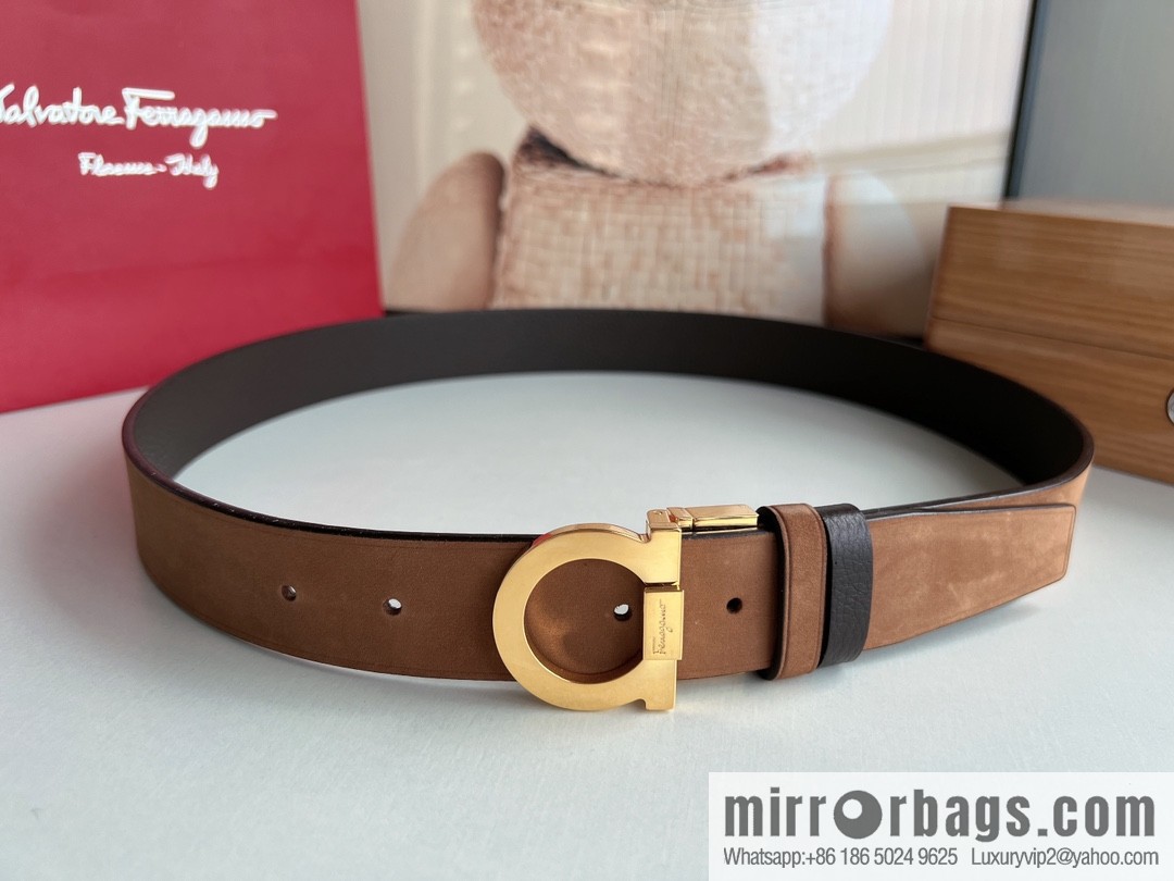 Salvatore Ferragamo Men's 3.5cm Counter Rotating Metal Clip Buckle, Imported First Layer Cowhide Swing Pattern Suede Lined Belt