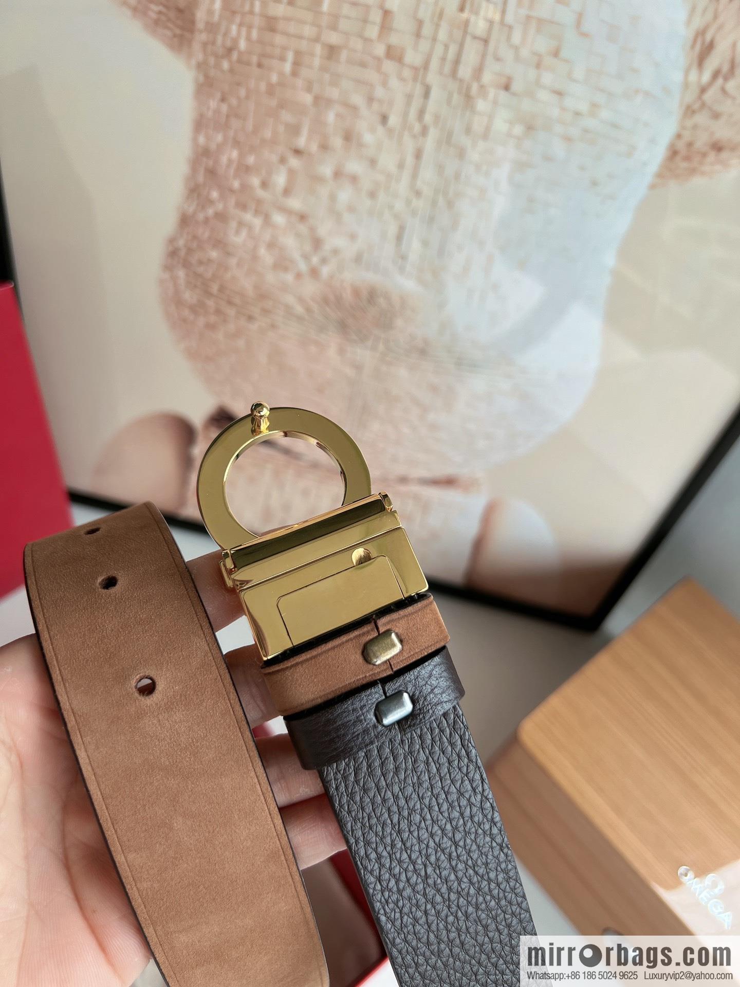 Salvatore Ferragamo Men's 3.5cm Counter Rotating Metal Clip Buckle, Imported First Layer Cowhide Swing Pattern Suede Lined Belt