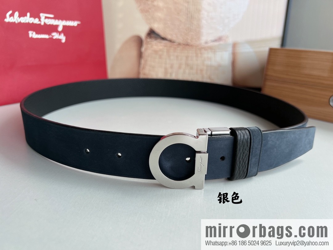 Salvatore Ferragamo Men's 3.5cm Counter Rotating Metal Clip Buckle, Imported First Layer Cowhide Swing Pattern Suede Lined Belt