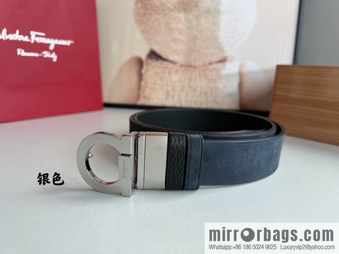Salvatore Ferragamo Men's 3.5cm Counter Rotating Metal Clip Buckle, Imported First Layer Cowhide Swing Pattern Suede Lined Belt