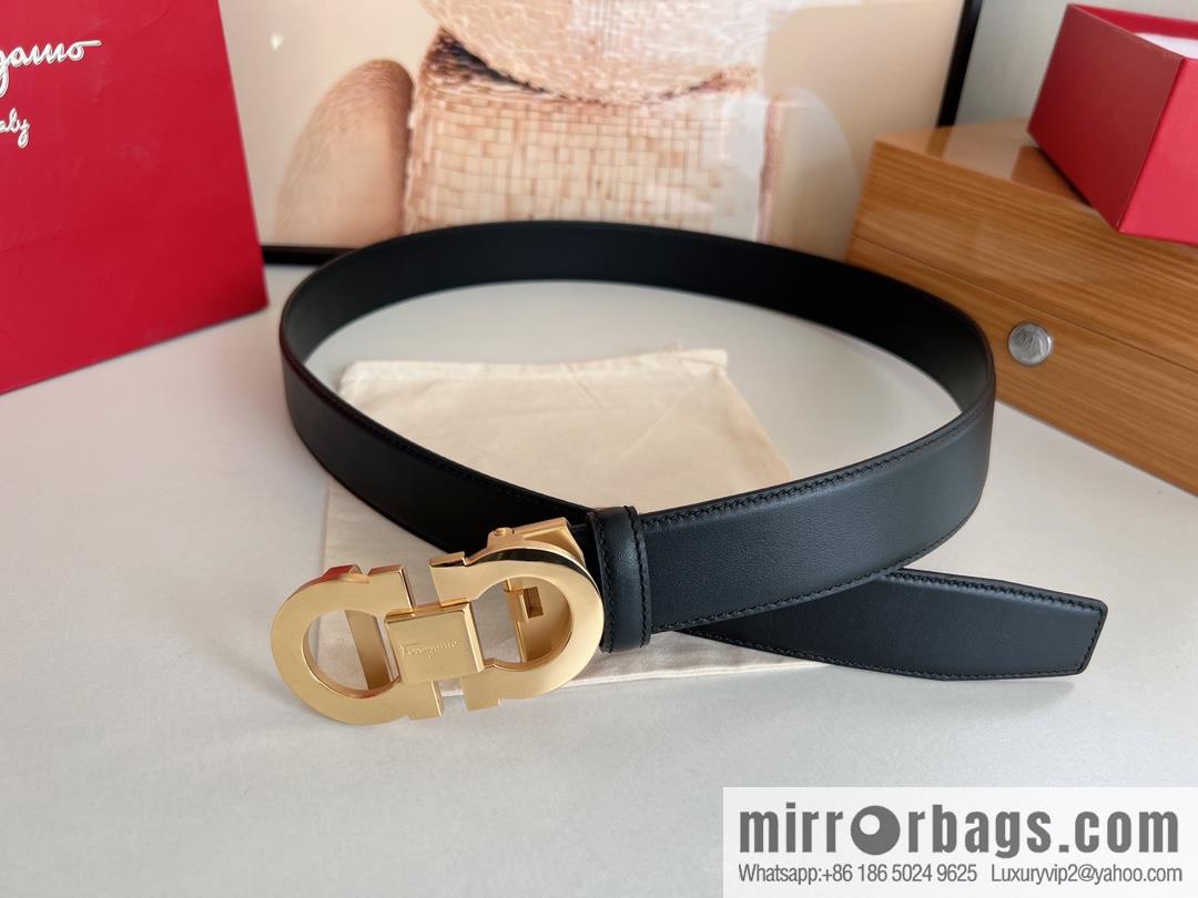 Salvatore Ferragamo Men's 3.5cm Classic Double Circle Automatic Buckle, Imported Double-sided First Cowhide Belt