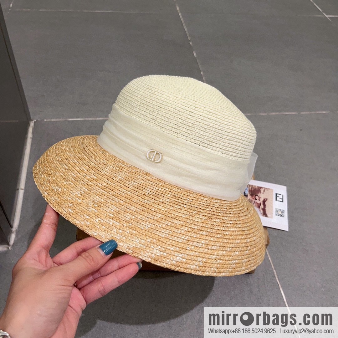 Dior Dior straw straw spell organza bow new straw hat