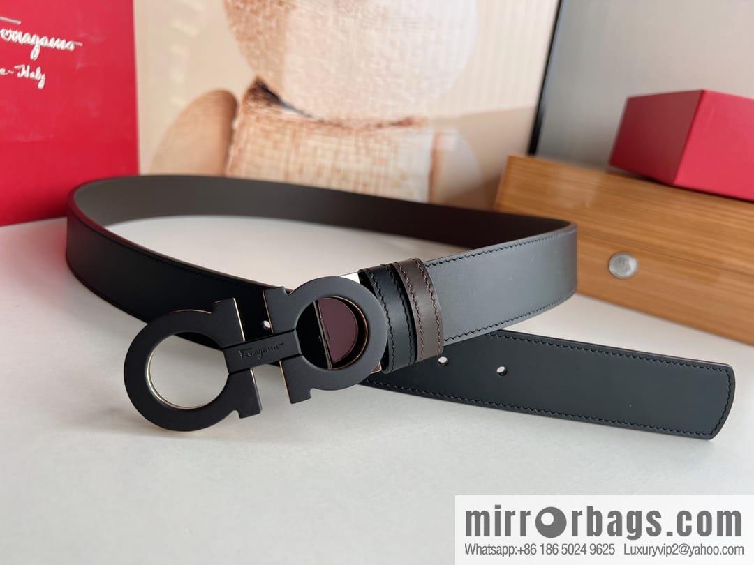 Salvatore Ferragamo Men's 3.5cm Exquisite Double Ring Metal Triple Clamp Buckle with First Cowhide Double Sided Belt