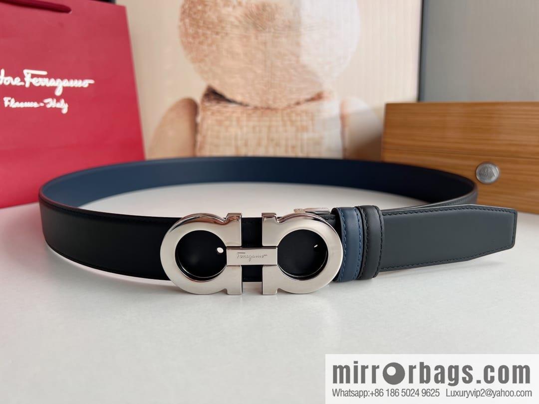 Salvatore Ferragamo Men's 3.5cm Exquisite Double Ring Metal Triple Clamp Buckle with First Cowhide Double Sided Belt