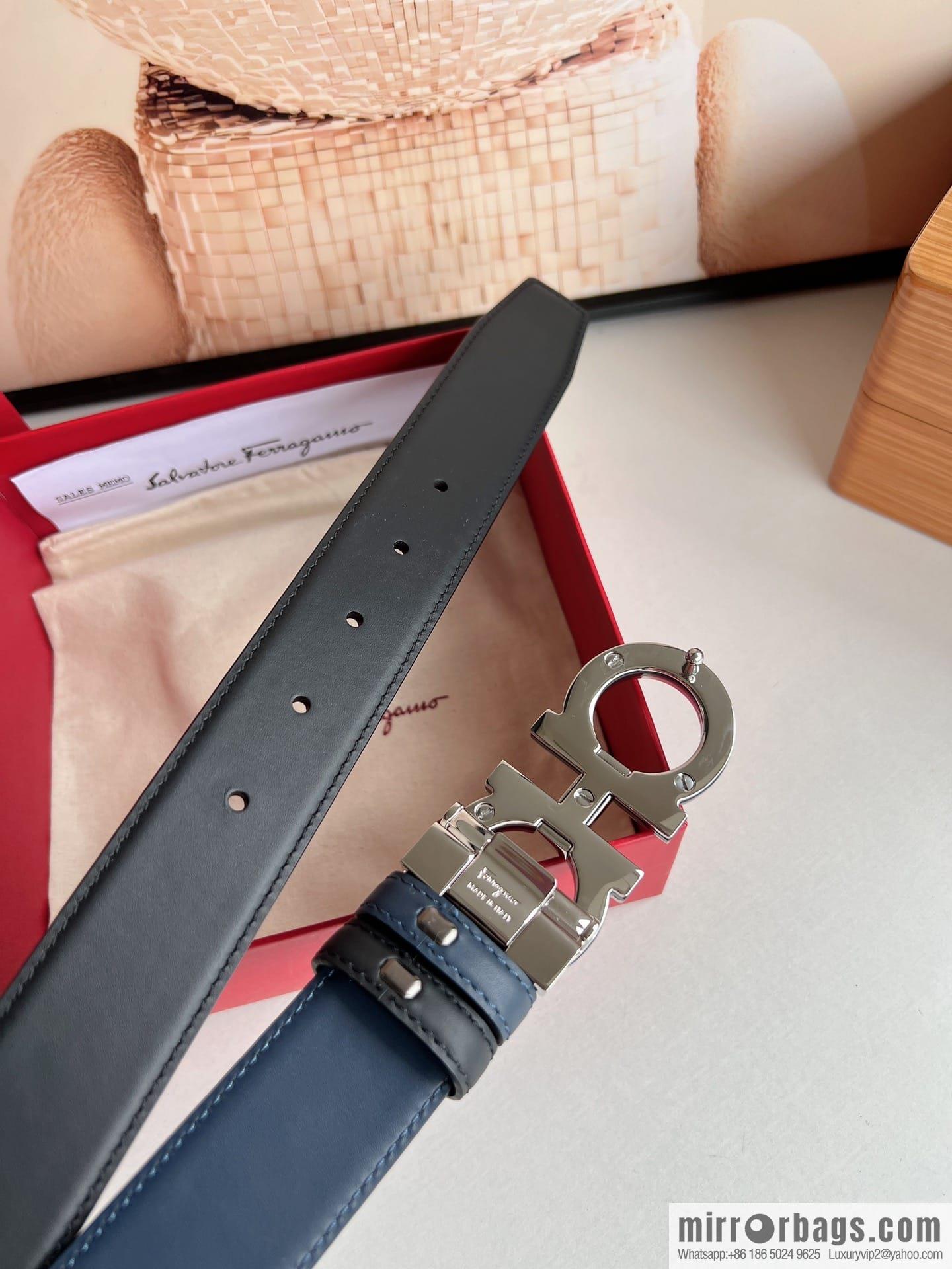 Salvatore Ferragamo Men's 3.5cm Exquisite Double Ring Metal Triple Clamp Buckle with First Cowhide Double Sided Belt