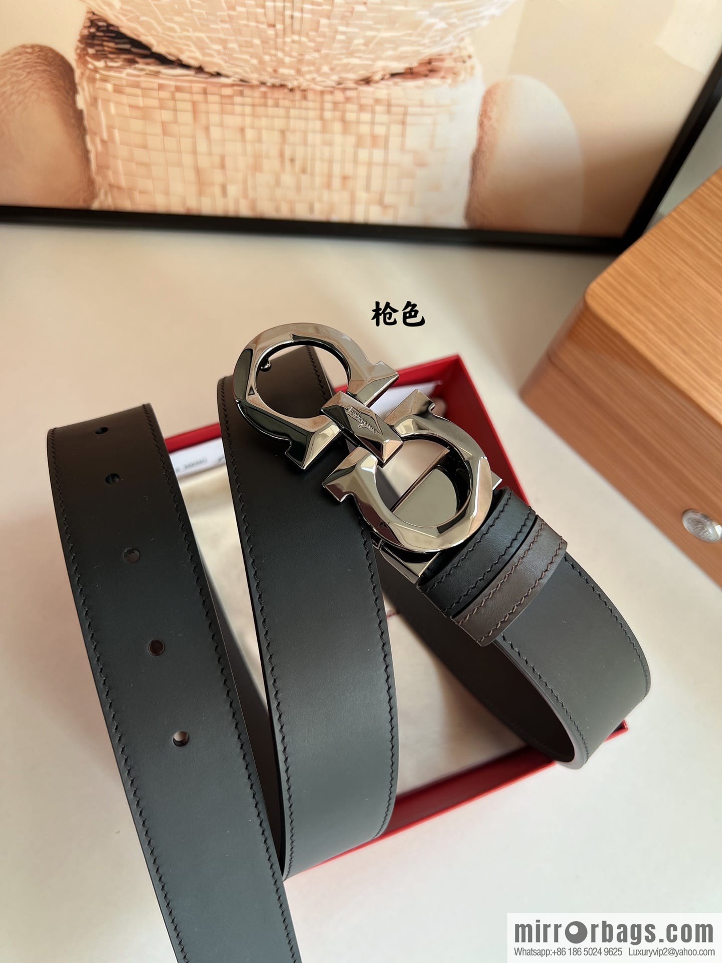 Salvatore Ferragamo Men's 3.5cm Delicate Double Circle Original Rhombus Buckle with First Cowhide Double Sided Belt
