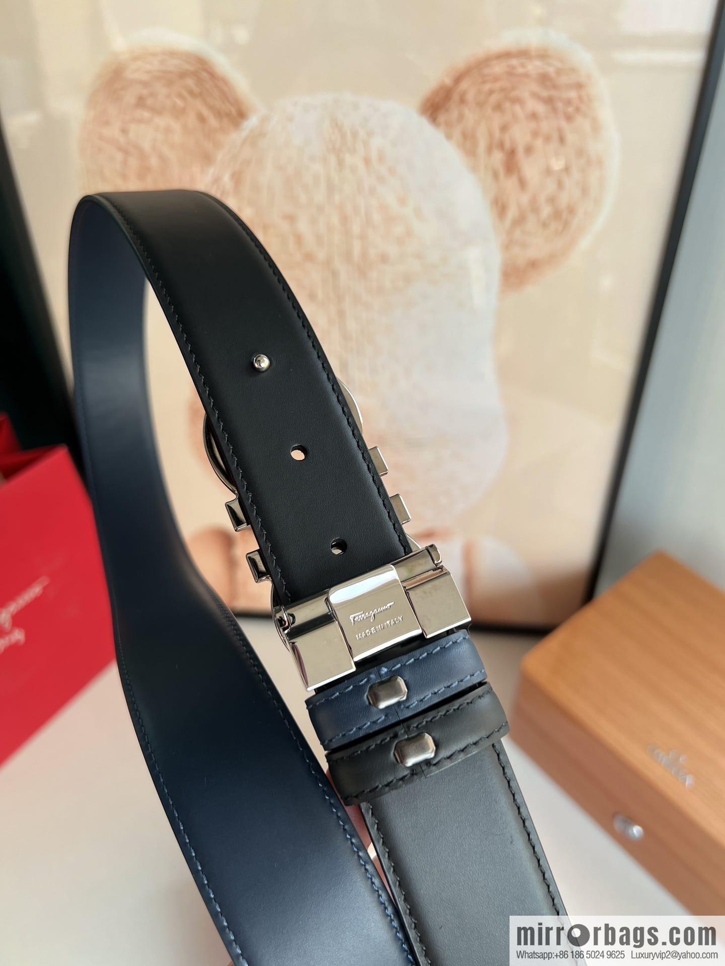 Salvatore Ferragamo Men's 3.5cm Delicate Double Circle Original Rhombus Buckle with First Cowhide Double Sided Belt