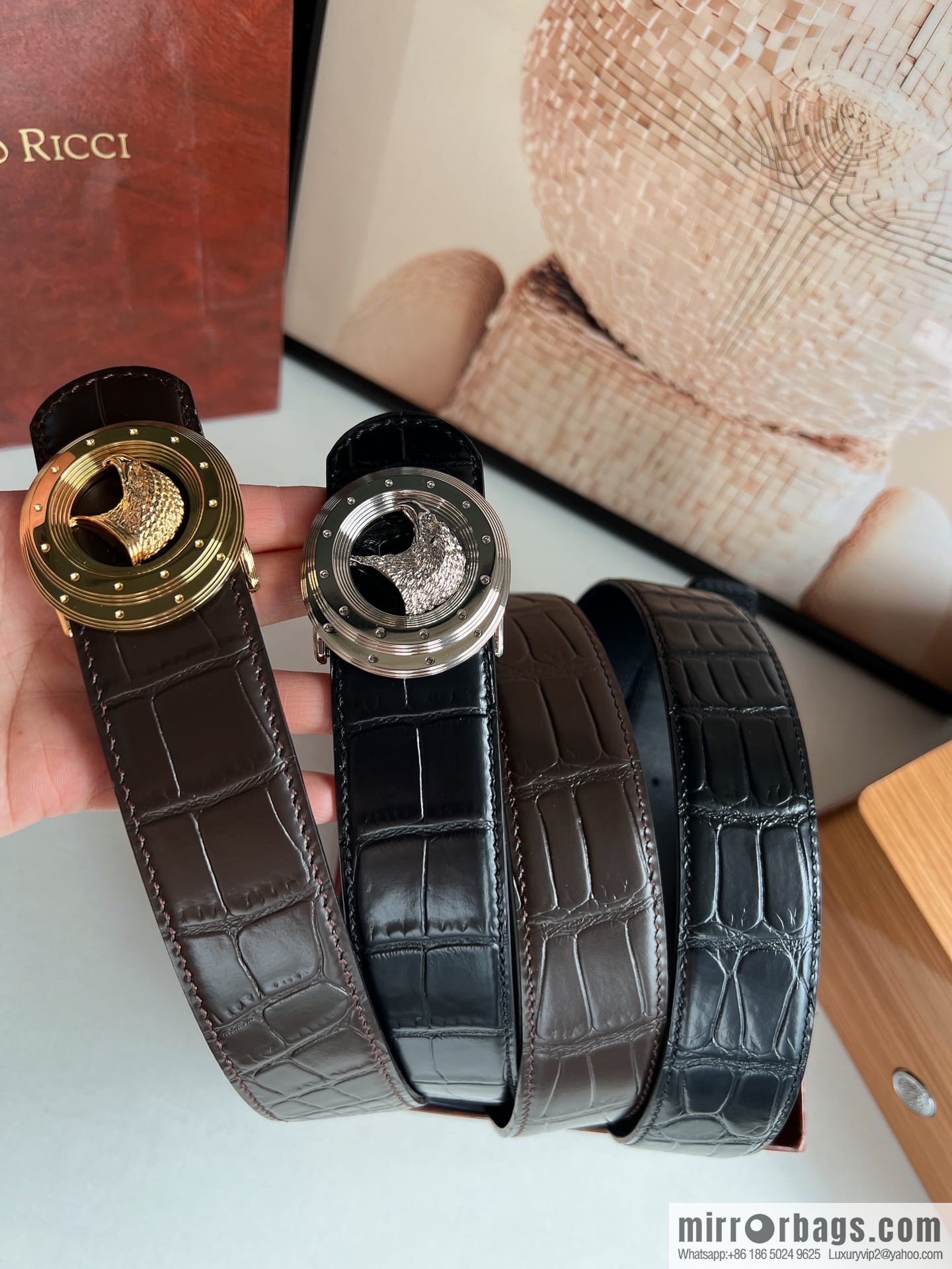 Stefano Ricci Stephen Nidge Shop 3.8cm Men's Eagle 🦅 with Cowhide Crocodile Textured Belt