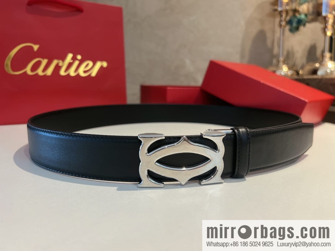 Cartier Men's 3.5cm Classic Stainless Steel Double C Automatic Buckle, Double Sided First Cowhide Belt Alveolar Belt