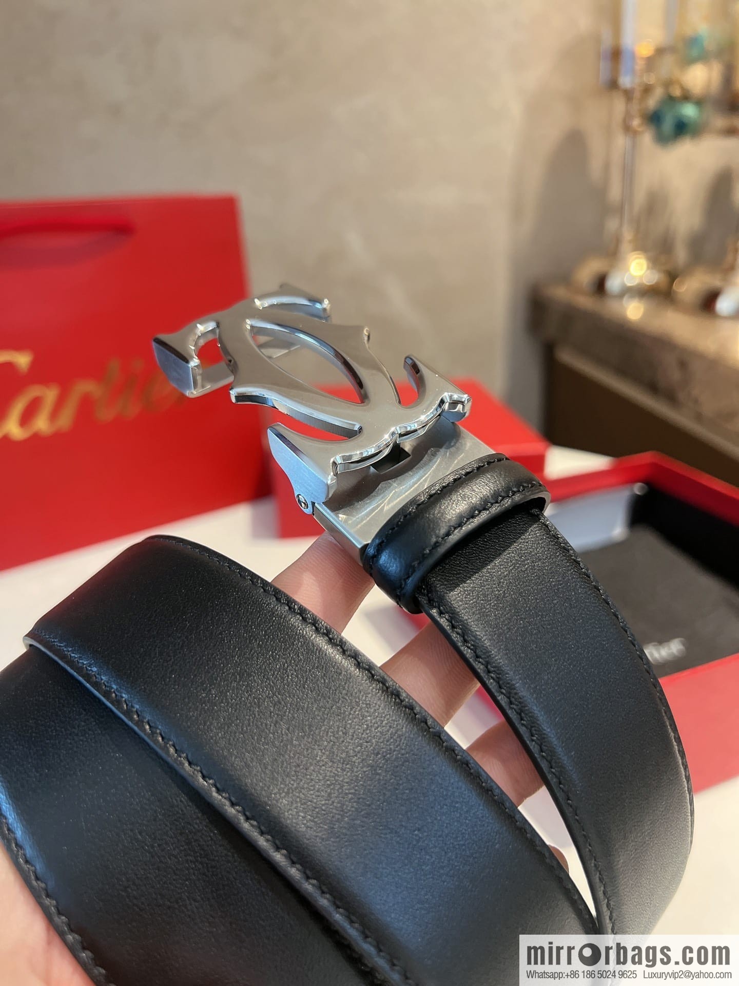 Cartier Men's 3.5cm Classic Stainless Steel Double C Automatic Buckle, Double Sided First Cowhide Belt Alveolar Belt