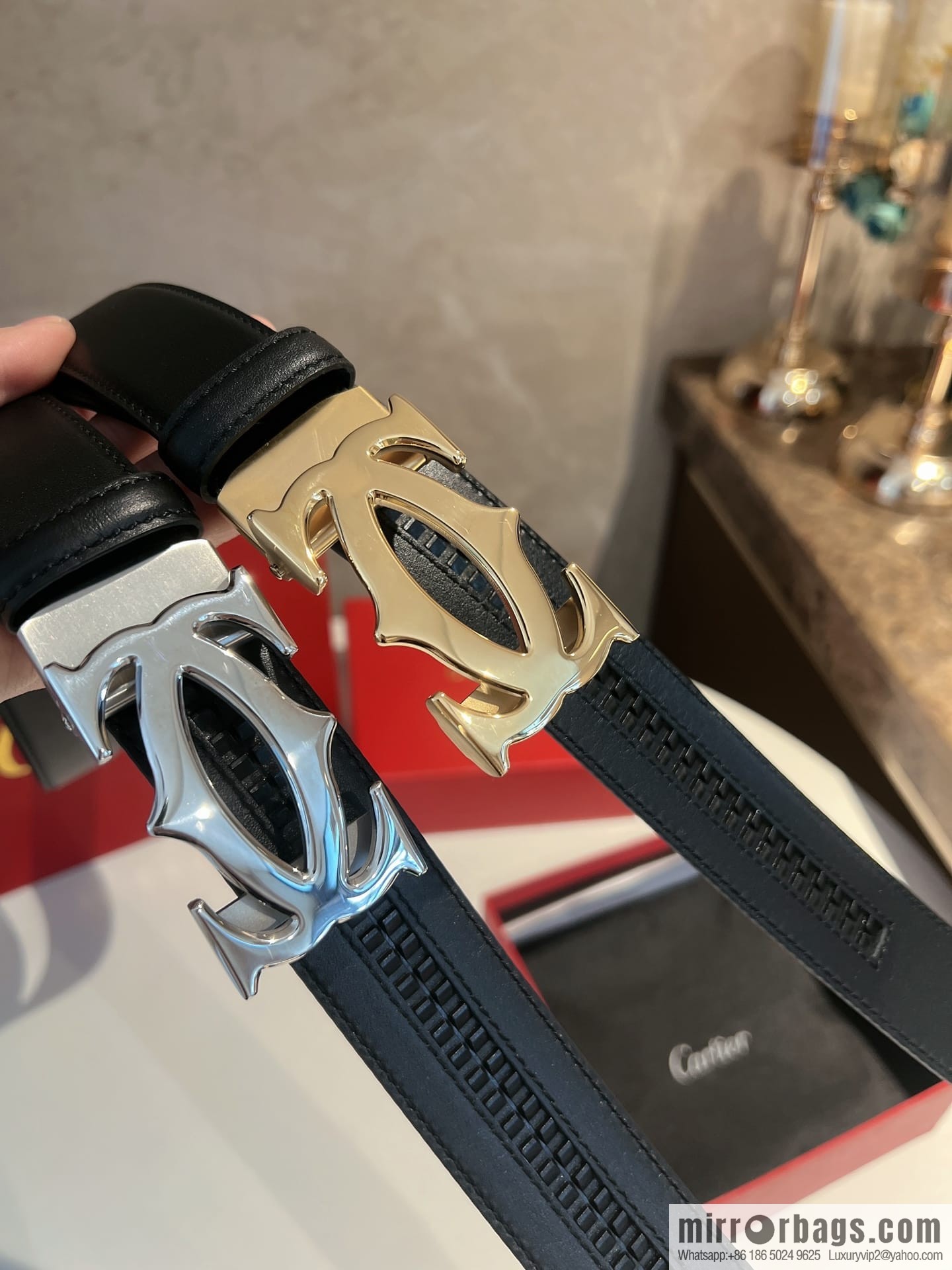 Cartier Men's 3.5cm Classic Stainless Steel Double C Automatic Buckle, Double Sided First Cowhide Belt Alveolar Belt