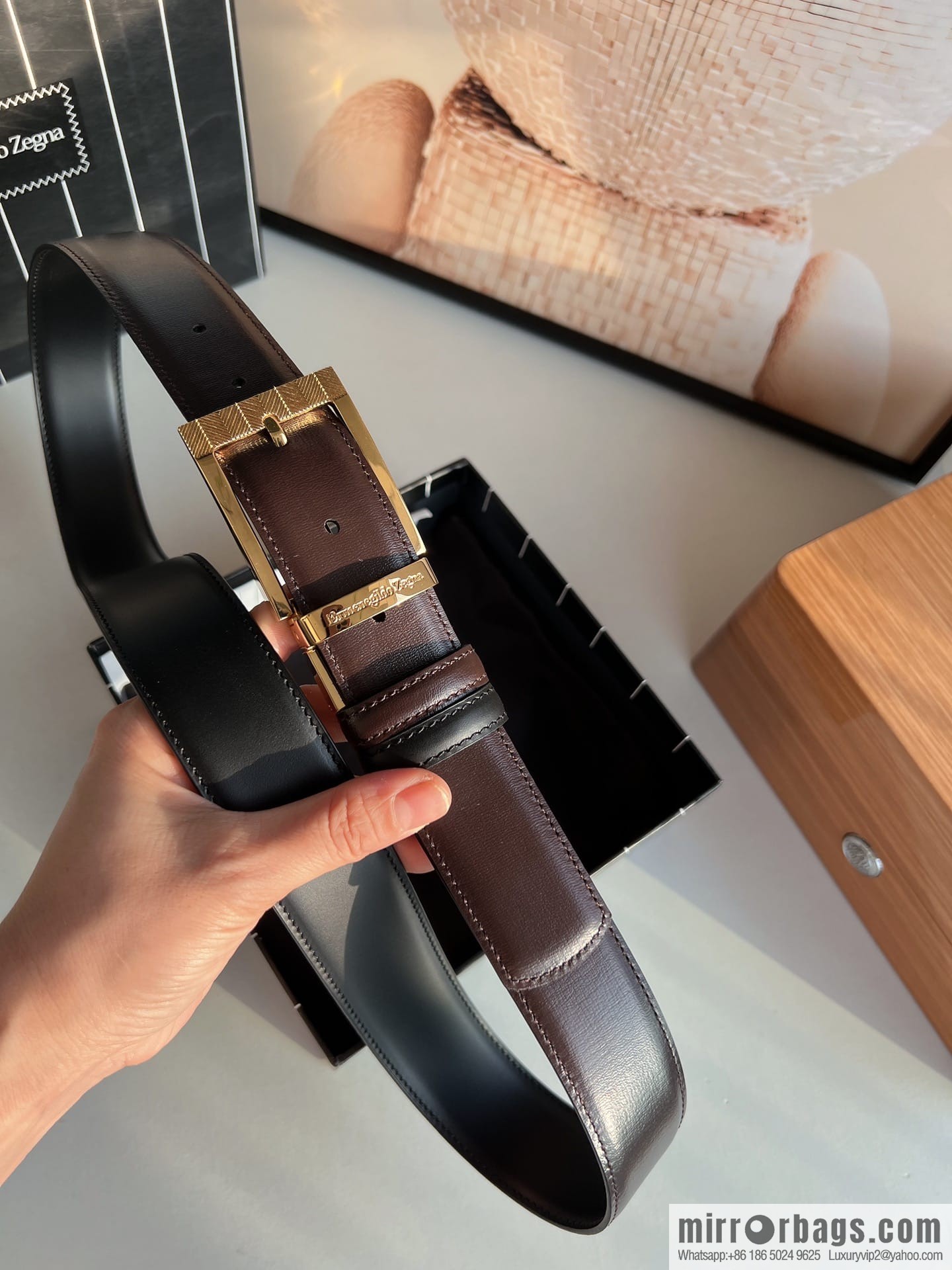 Zegna, double-sided first-layer cowhide texture rotating pin buckle men's 3.5cm belt