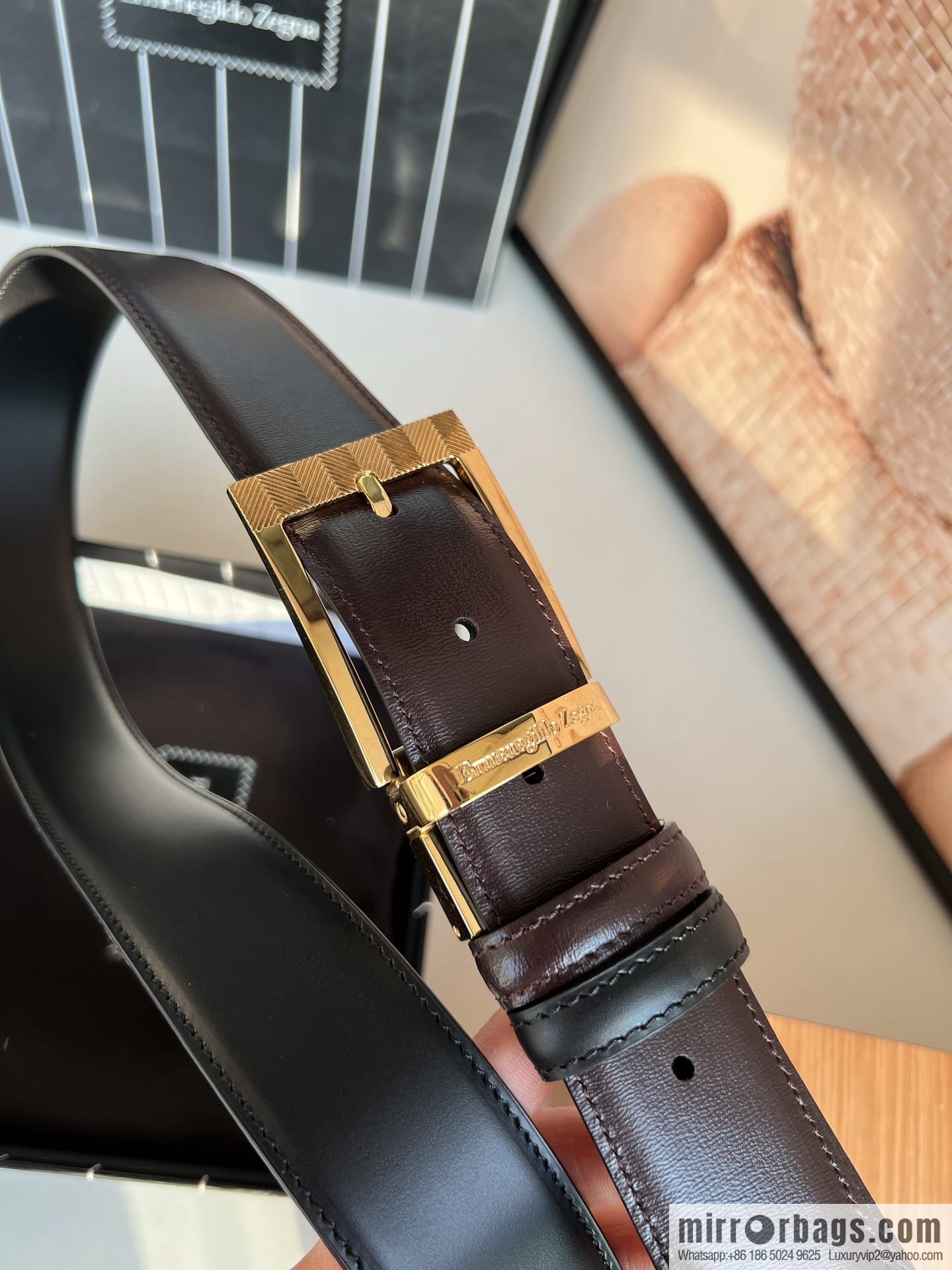 Zegna, double-sided first-layer cowhide texture rotating pin buckle men's 3.5cm belt