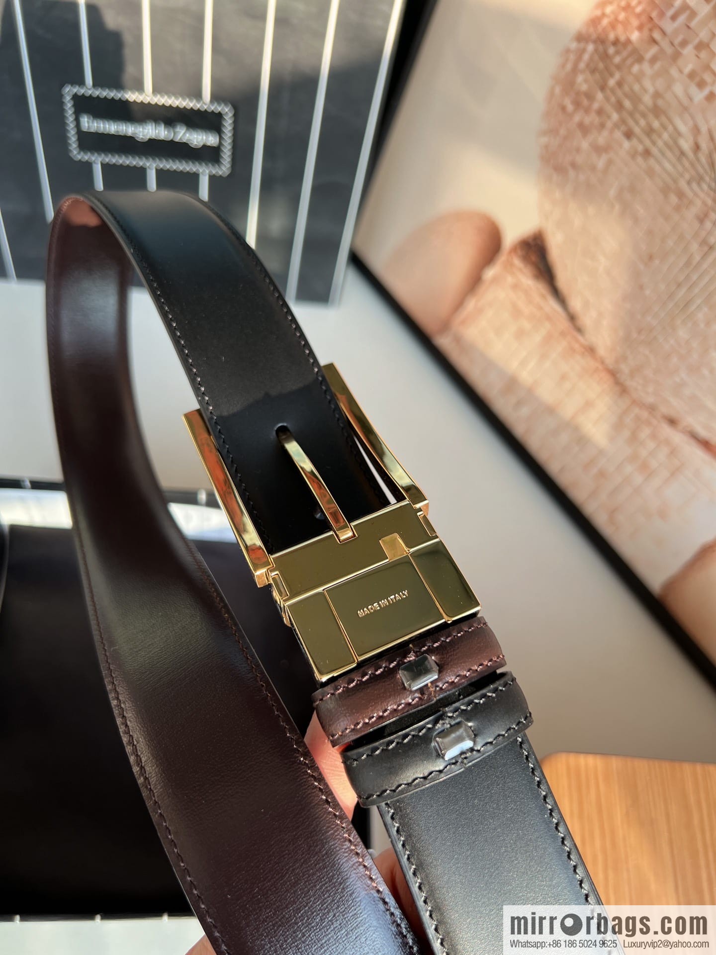 Zegna, double-sided first-layer cowhide texture rotating pin buckle men's 3.5cm belt