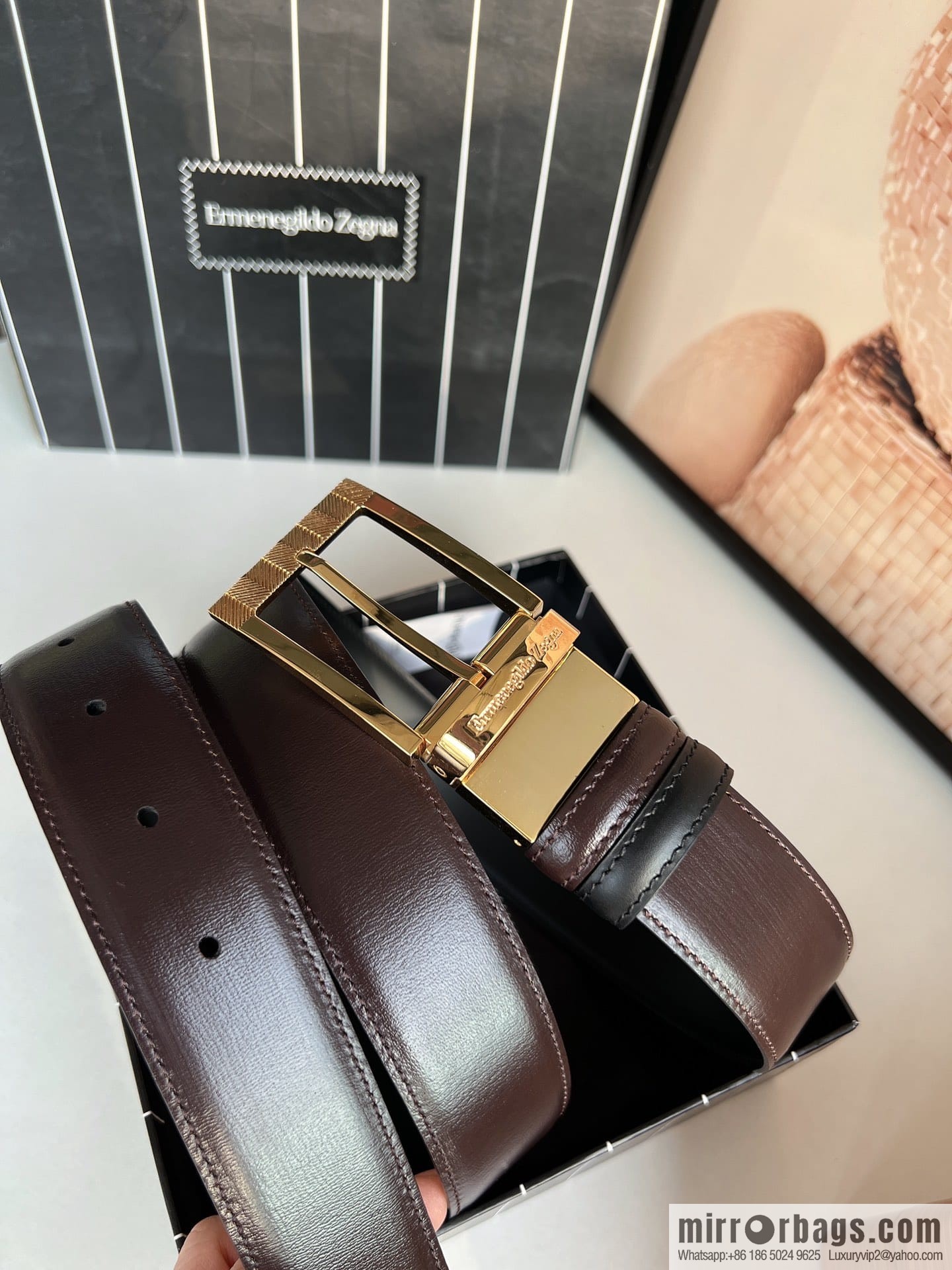 Zegna, double-sided first-layer cowhide texture rotating pin buckle men's 3.5cm belt