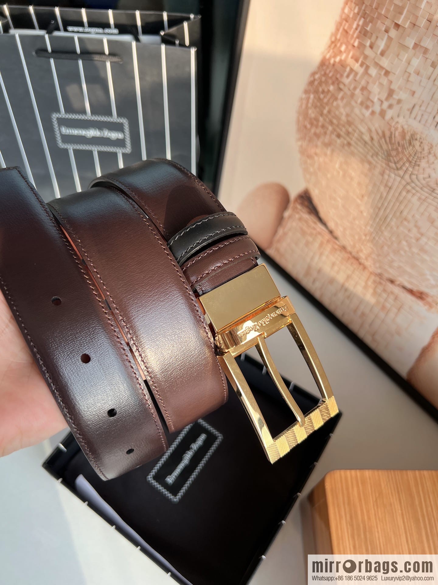 Zegna, double-sided first-layer cowhide texture rotating pin buckle men's 3.5cm belt