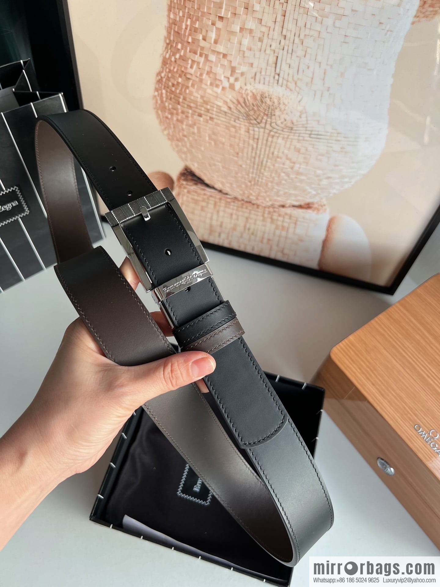 Zegna, double-sided first-layer cowhide texture rotating pin buckle men's 3.5cm belt