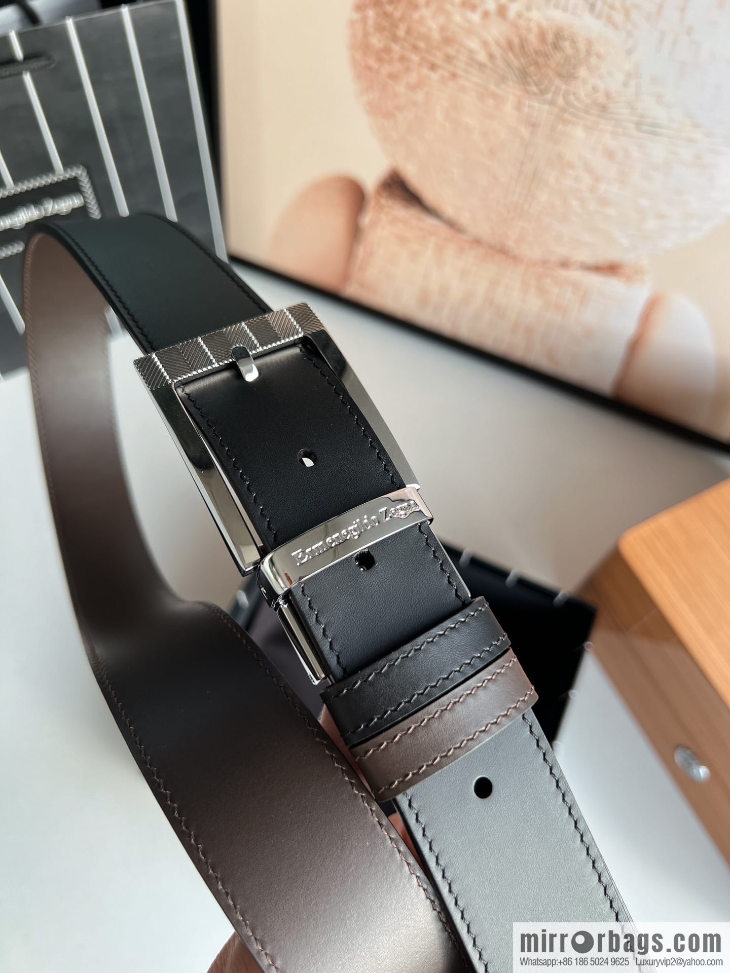 Zegna, double-sided first-layer cowhide texture rotating pin buckle men's 3.5cm belt