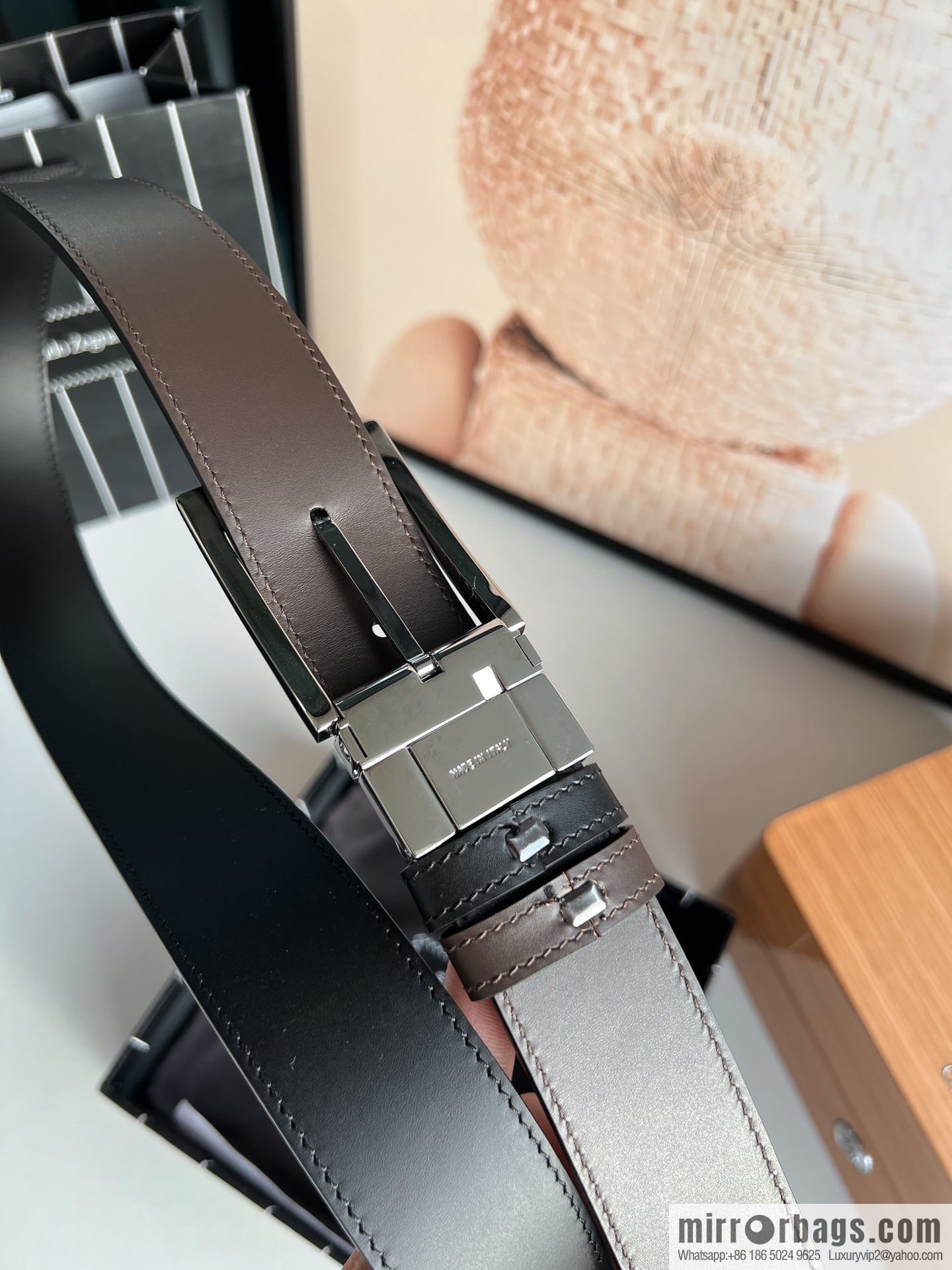 Zegna, double-sided first-layer cowhide texture rotating pin buckle men's 3.5cm belt