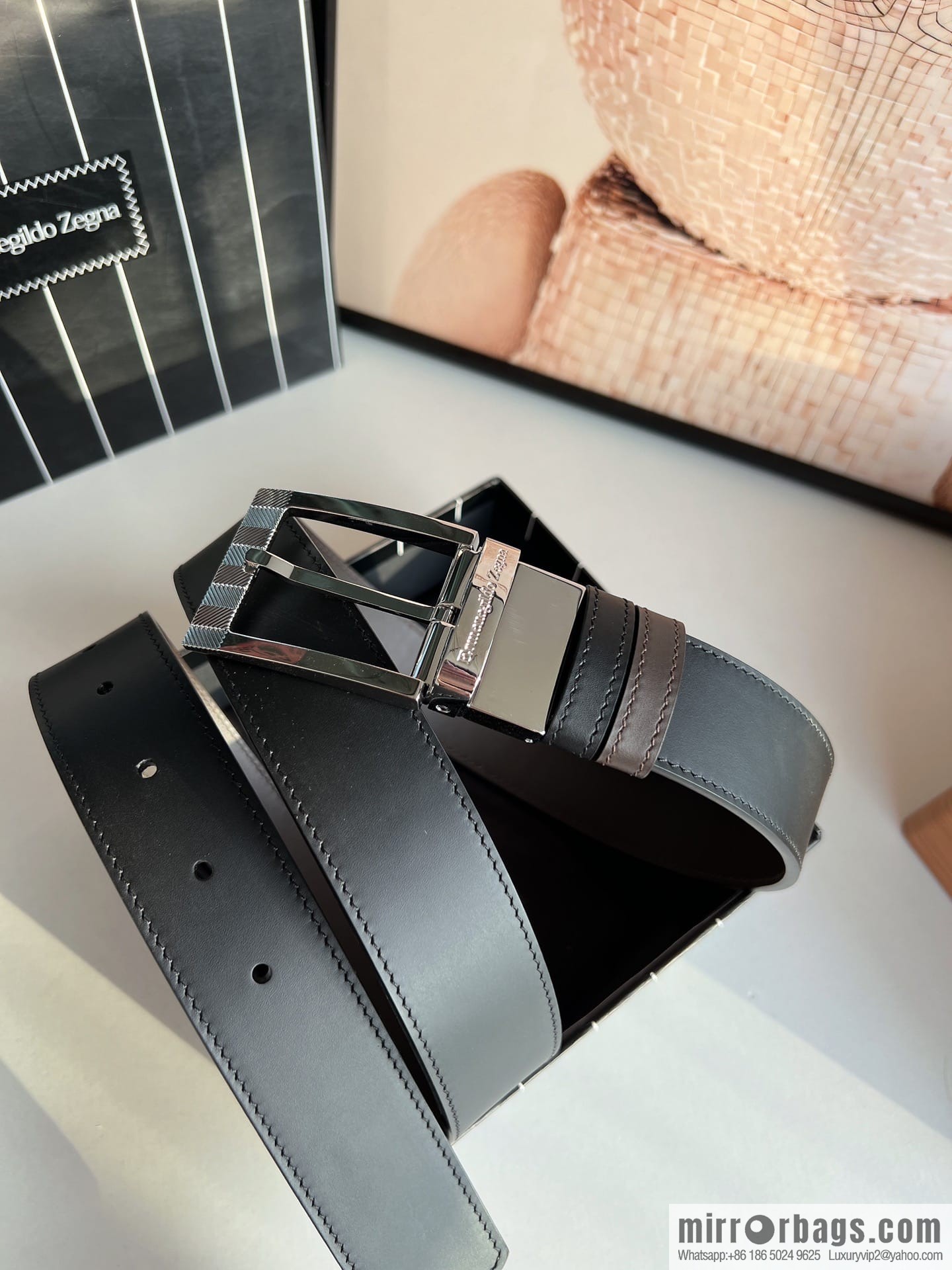 Zegna, double-sided first-layer cowhide texture rotating pin buckle men's 3.5cm belt