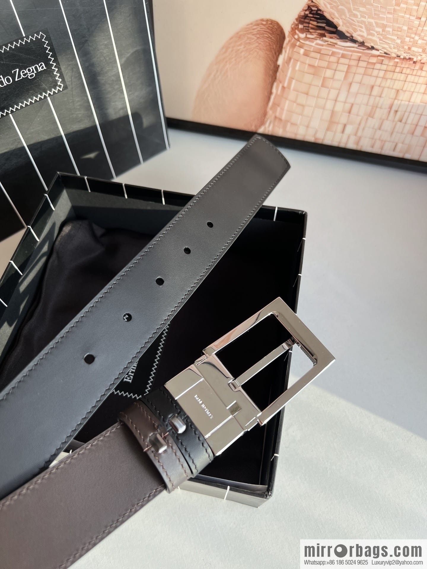 Zegna, double-sided first-layer cowhide texture rotating pin buckle men's 3.5cm belt