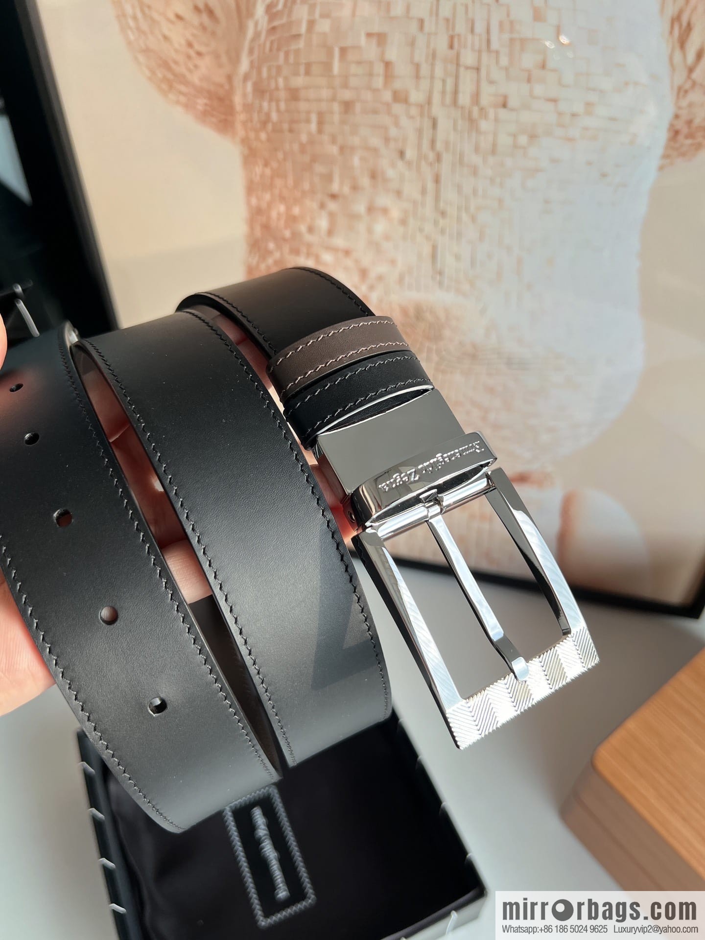 Zegna, double-sided first-layer cowhide texture rotating pin buckle men's 3.5cm belt