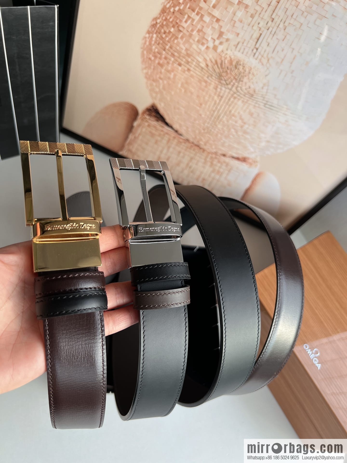 Zegna, double-sided first-layer cowhide texture rotating pin buckle men's 3.5cm belt