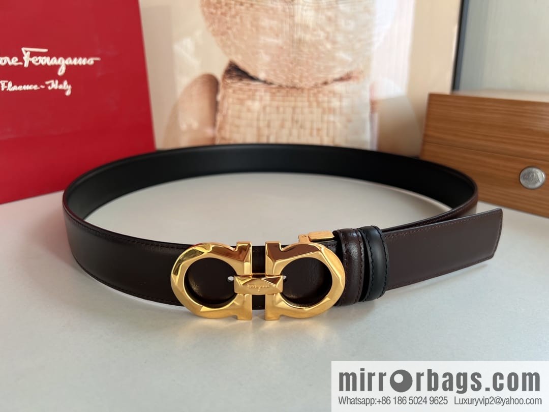 Salvatore Ferragamo Men's 3.5cm Delicate Double Circle Original Rhombus Buckle with First Cowhide Double Sided Belt