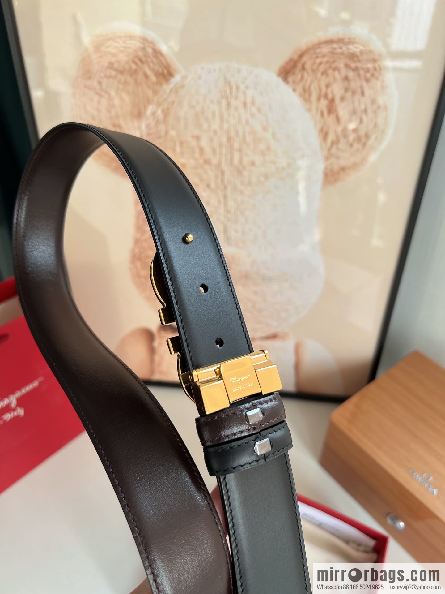Salvatore Ferragamo Men's 3.5cm Delicate Double Circle Original Rhombus Buckle with First Cowhide Double Sided Belt