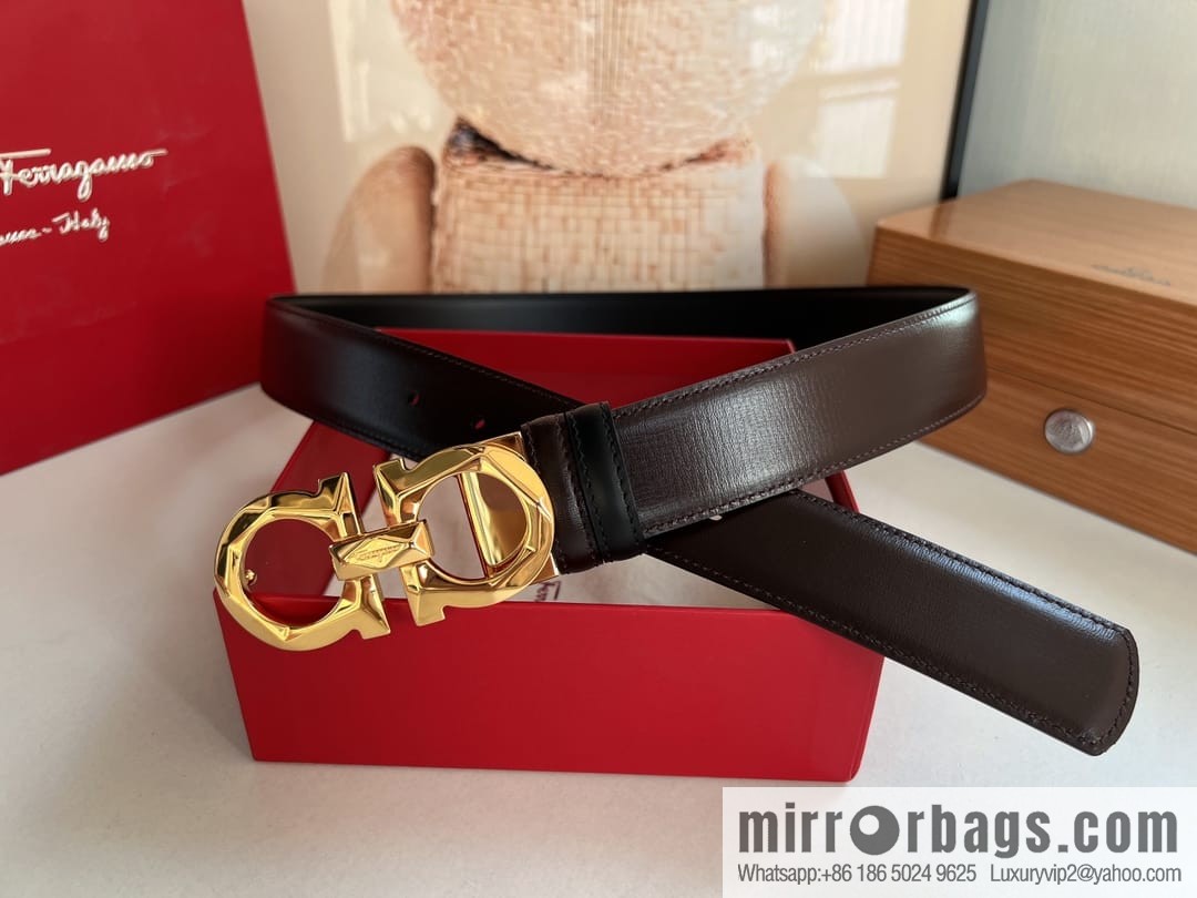 Salvatore Ferragamo Men's 3.5cm Delicate Double Circle Original Rhombus Buckle with First Cowhide Double Sided Belt